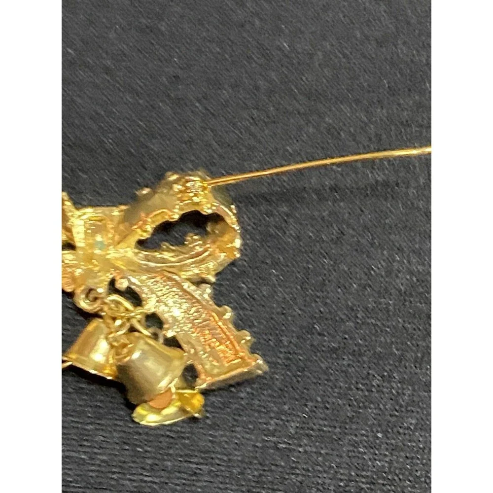 Christmas Gold Tone Red Enamel Ribbon Bow Pin, Brooch With Bells Vintage